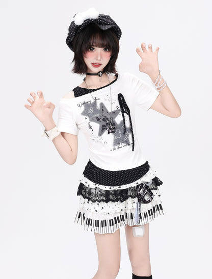 アシメ星柄ダメージTシャツ