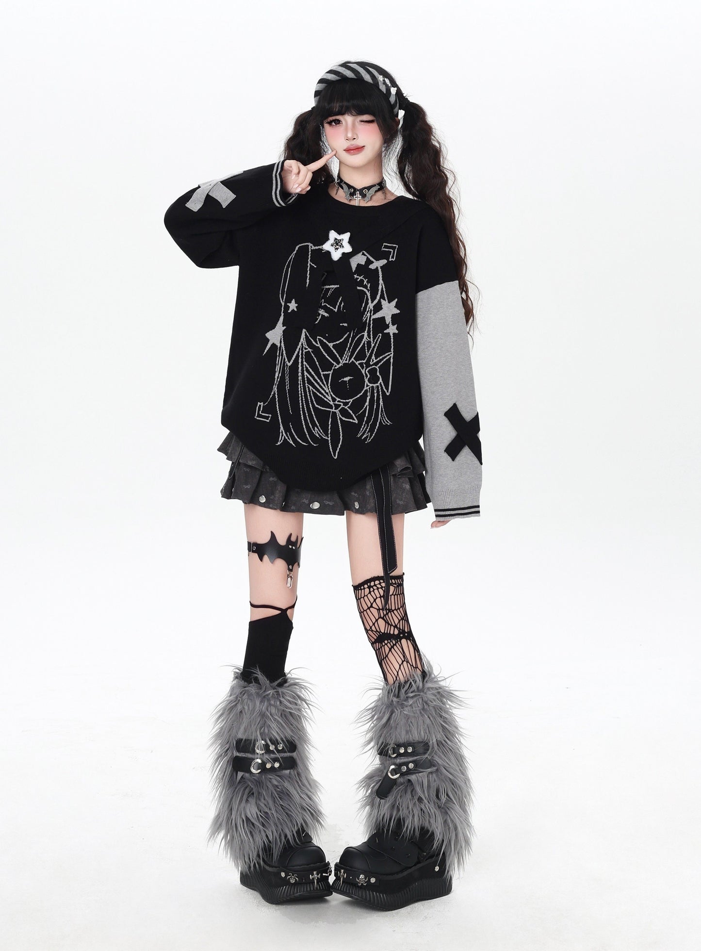 ゴシック サブカル 肩見せイラストプリントニット