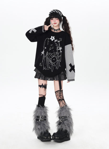 ゴシック サブカル 肩見せイラストプリントニット