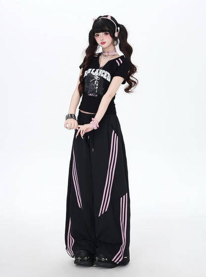 アメカジムード♡ブラック×ピンクボーダーVネックフィットT