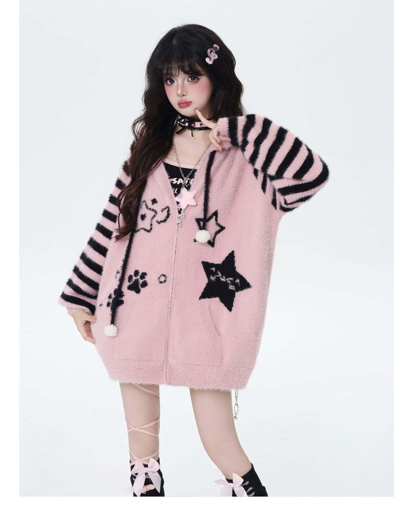 星柄ボーダーVネックフーディーニットカーデ