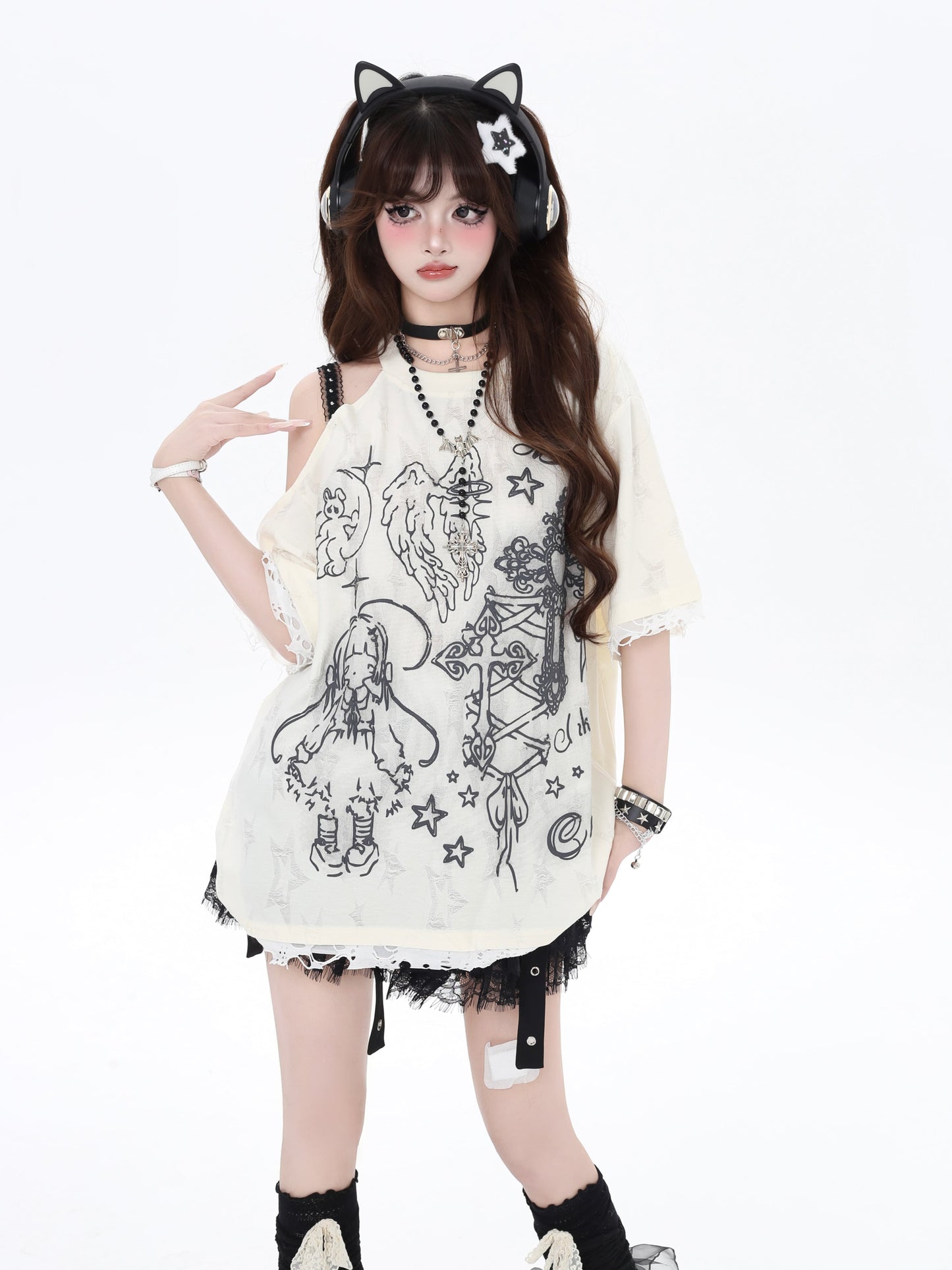 ラッキーエンジェル片肩レースTシャツ