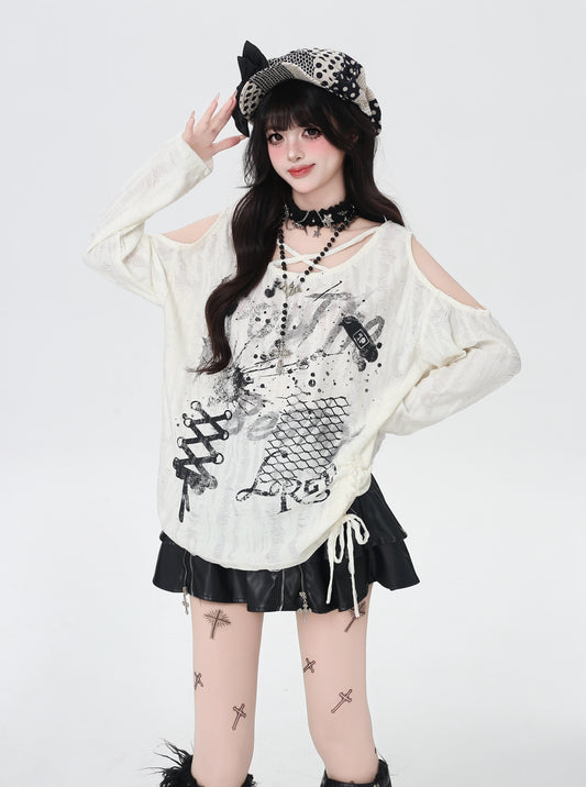 クロス紐×ドロスト オフショル ゆるロンT
