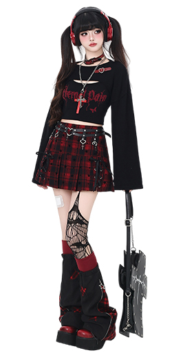 スター柄チェックリボンプリーツスカート