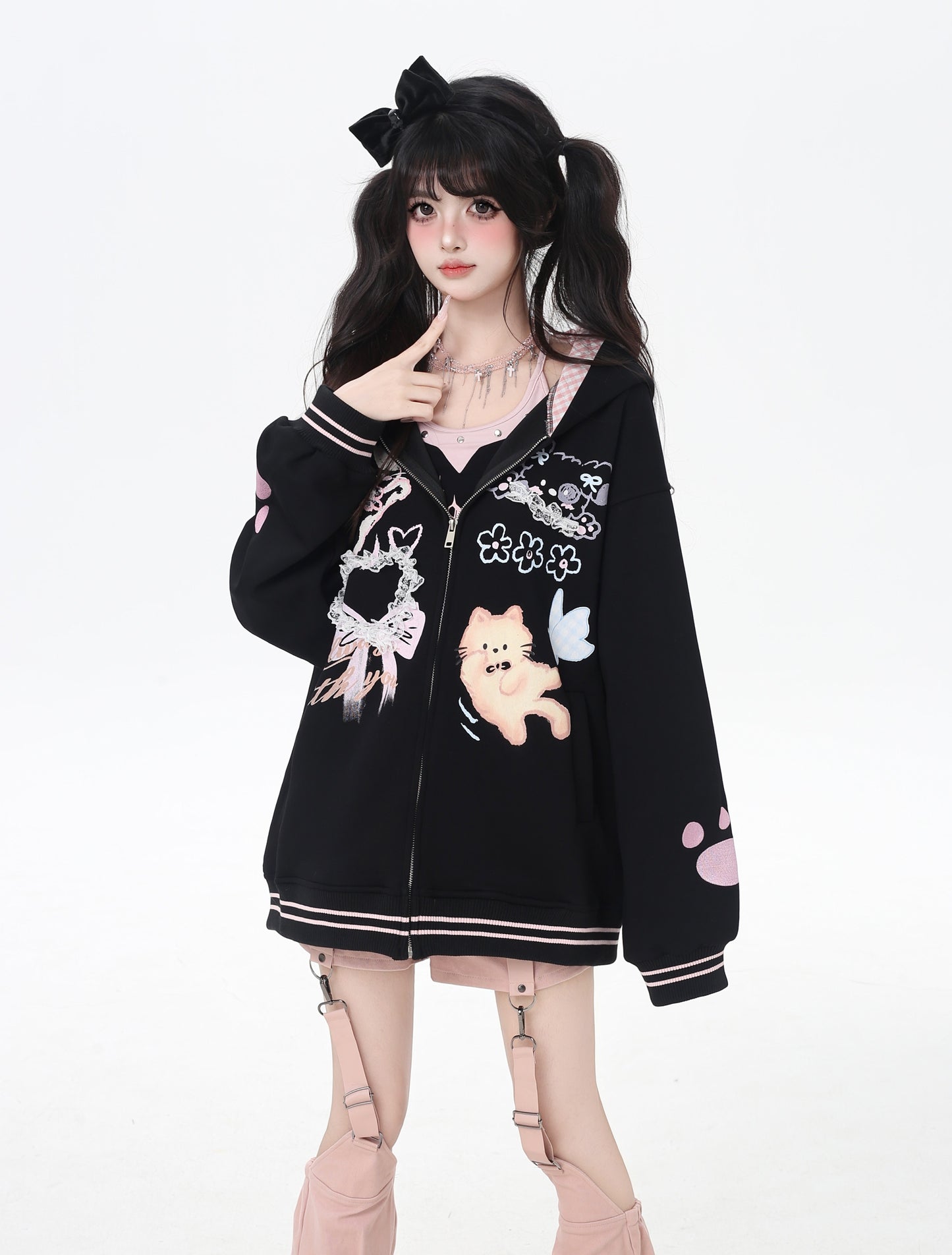 ネコプリントレースフードパーカー