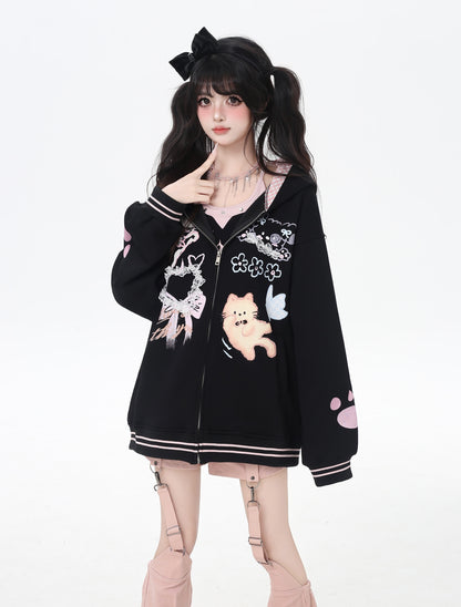 ネコプリントレースフードパーカー