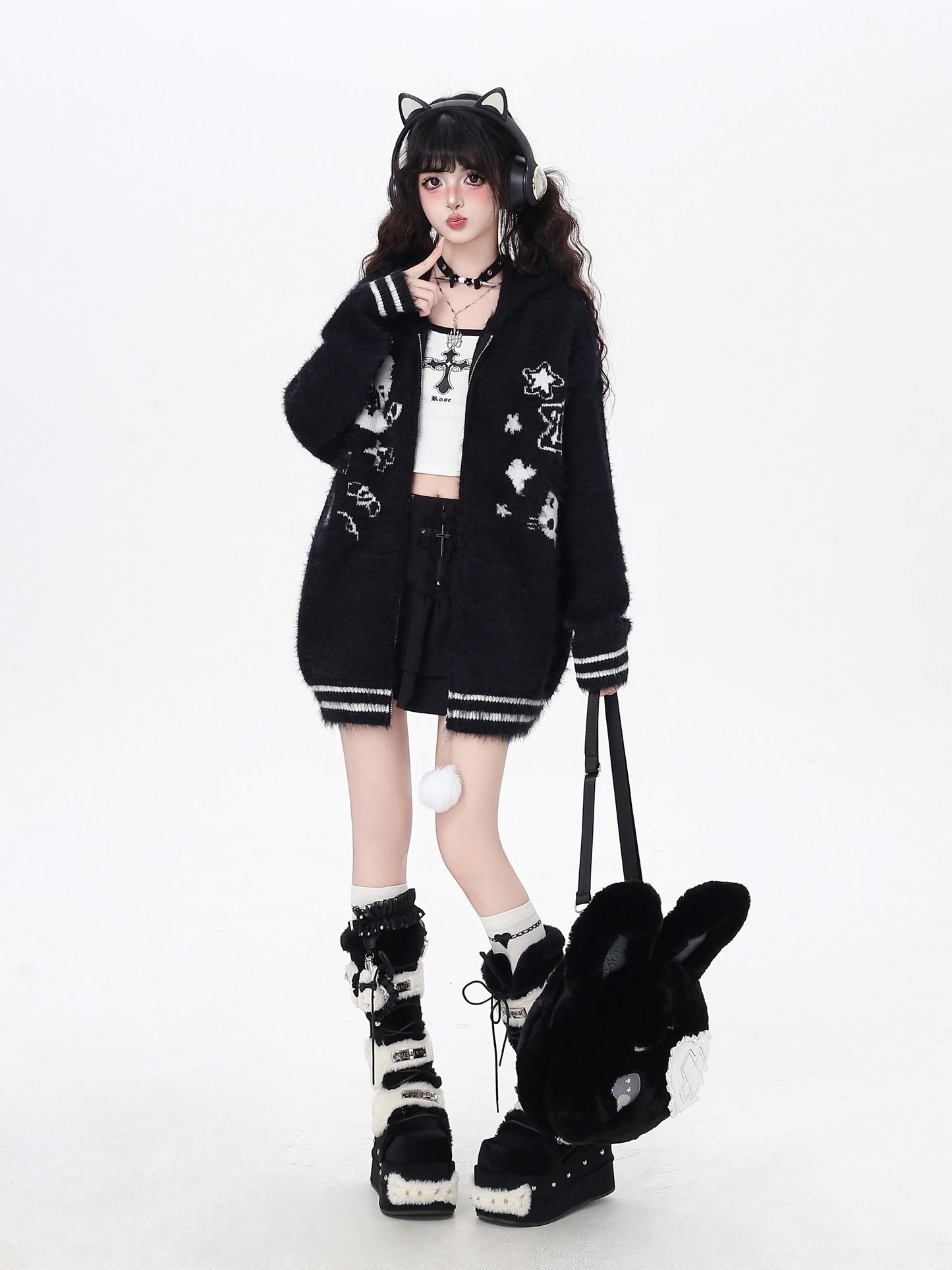 うさ耳フーディー付きゆるカワカーディガン秋冬