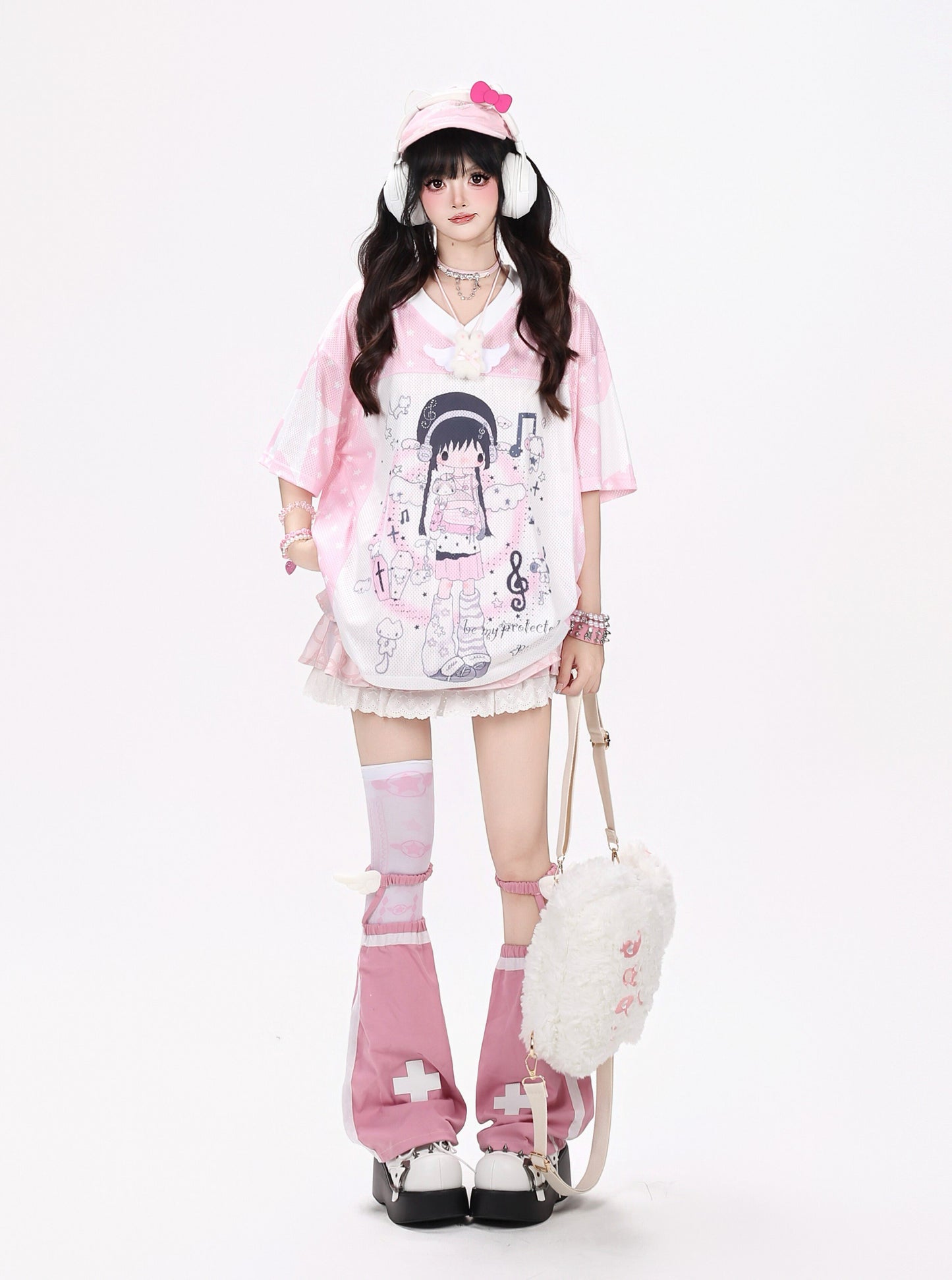 星柄VネックルーズTシャツ