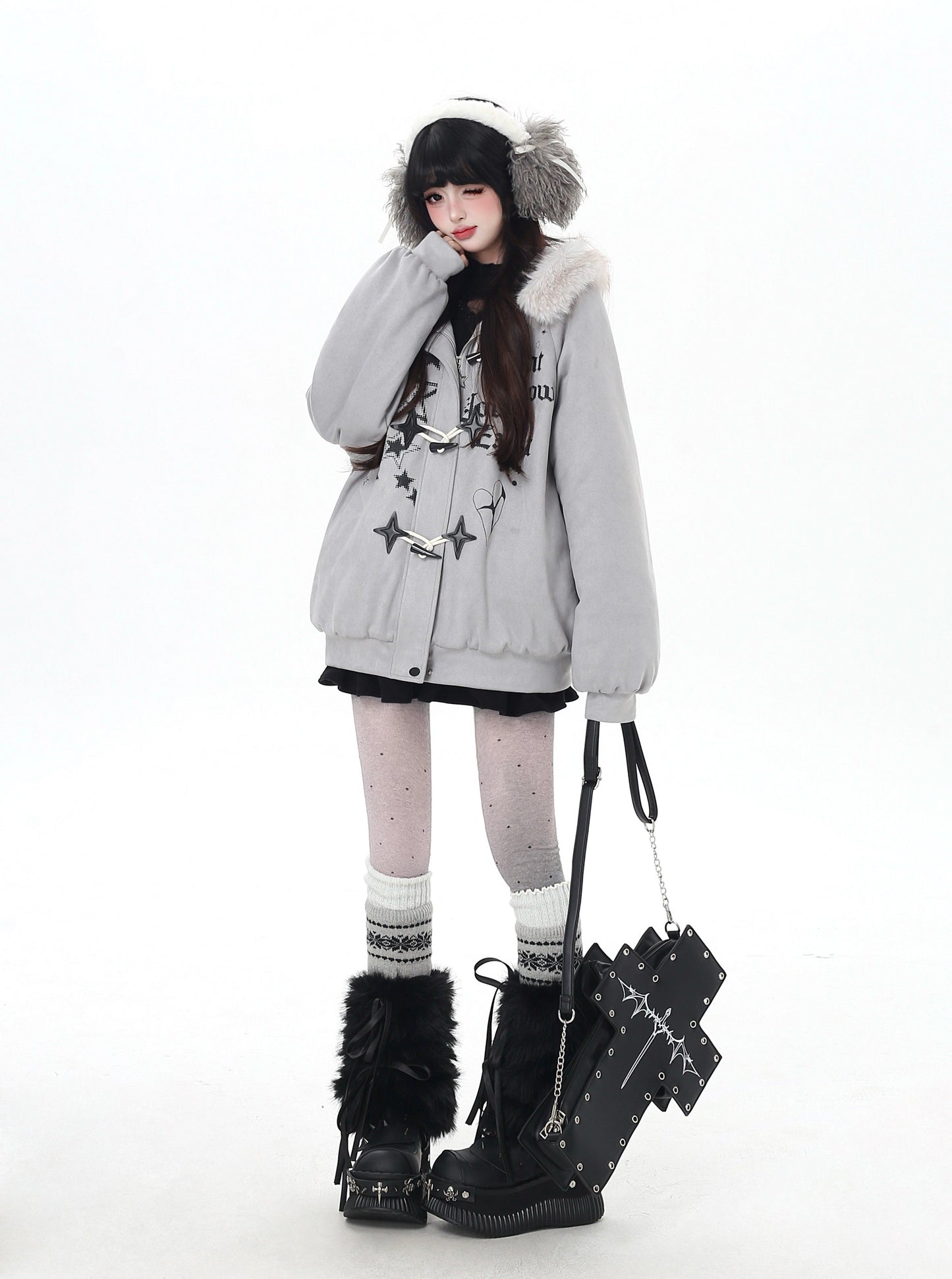 星柄レター×ボア襟取り外し可能 ゆるシルエット中綿ジャケット