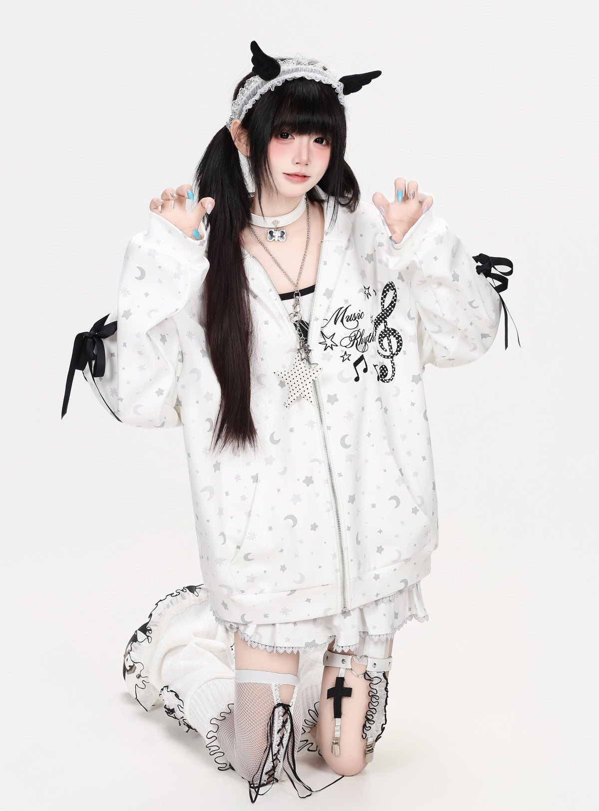 星柄プリントリボンスリーブフード付きトップス