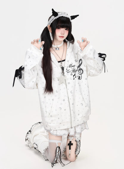 星柄プリントリボンスリーブフード付きトップス