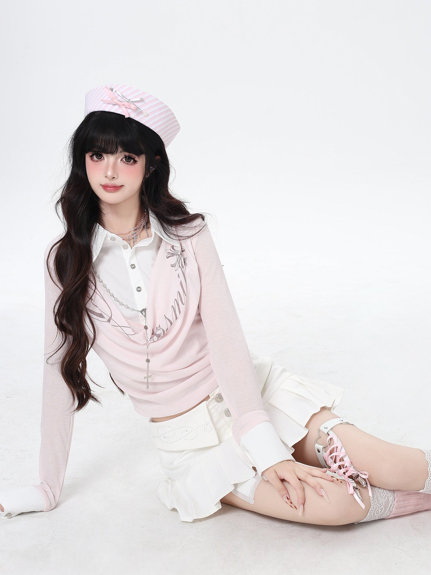 ポロ風レイヤードトップス｜韓国ガーリー・細見え