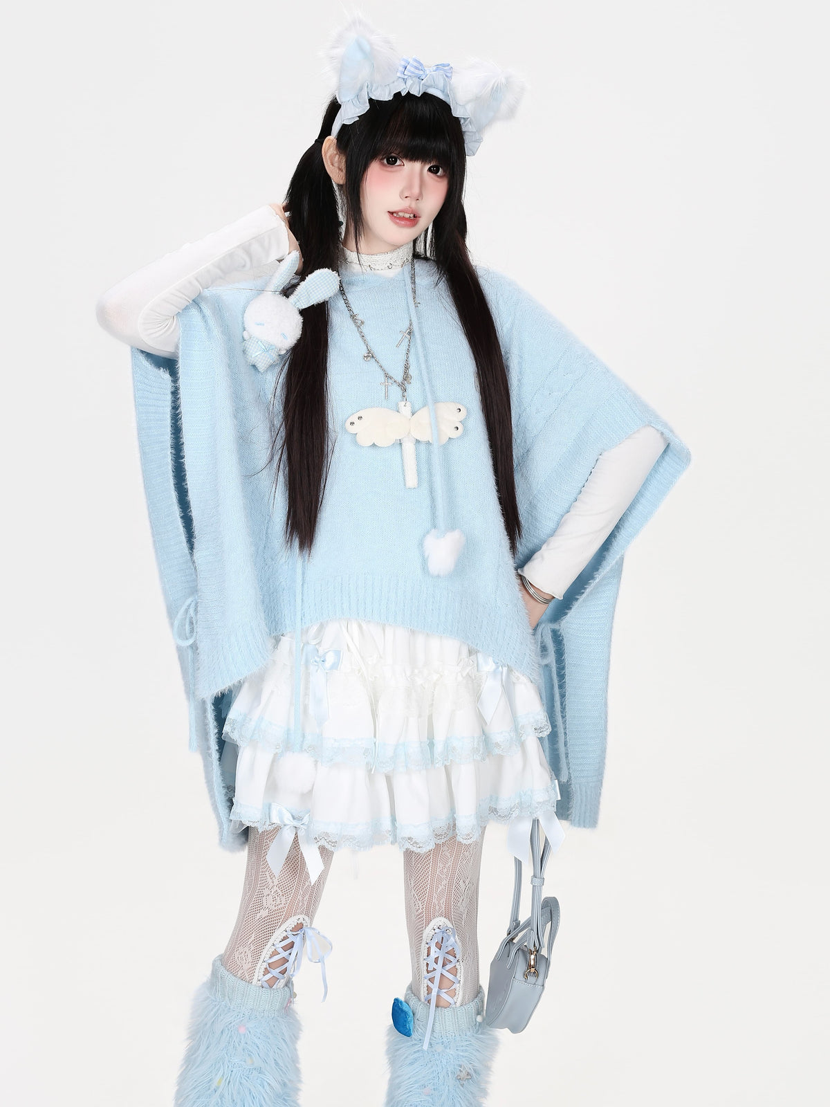 うさ耳フード付きふわふわポンチョ風ニット