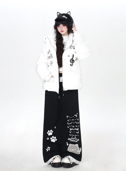 ねこイラスト レース付き ゆるストレートパンツ