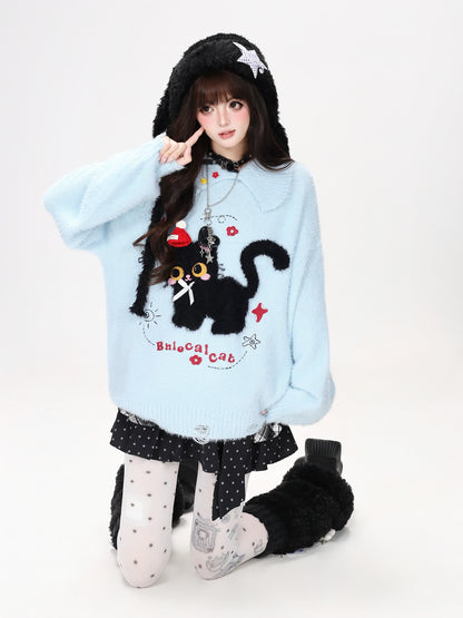 黒ねこモチーフ襟付きシャギーニット