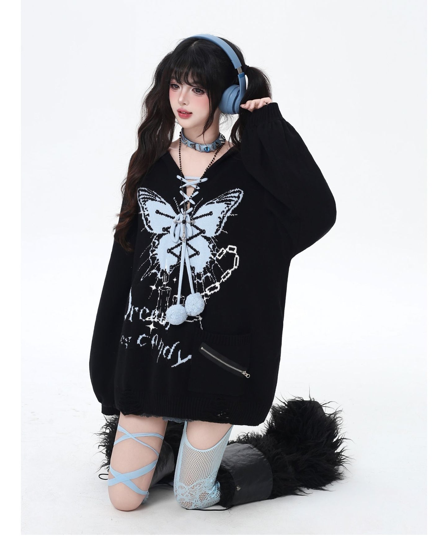 🦋Vネックリボンフーディゆる甘ニットカーデ