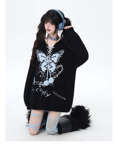 🦋Vネックリボンフーディゆる甘ニットカーデ