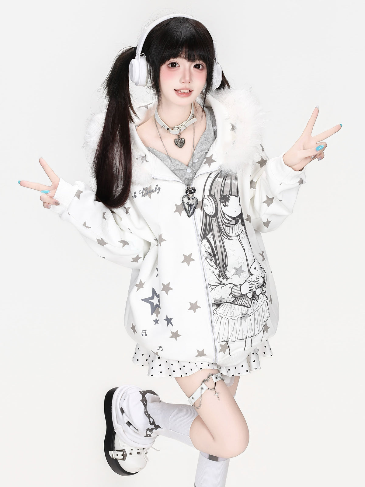 ヘッドホンガールプリント星柄ファーフードパーカー