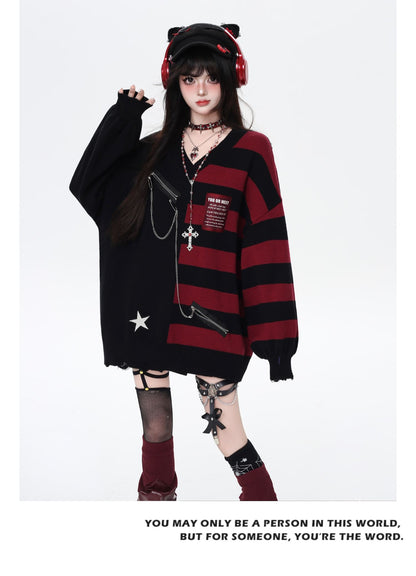 バイカラーストライプVネックニット