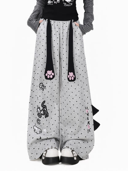ねこドットプリントハイウエストワイドパンツ