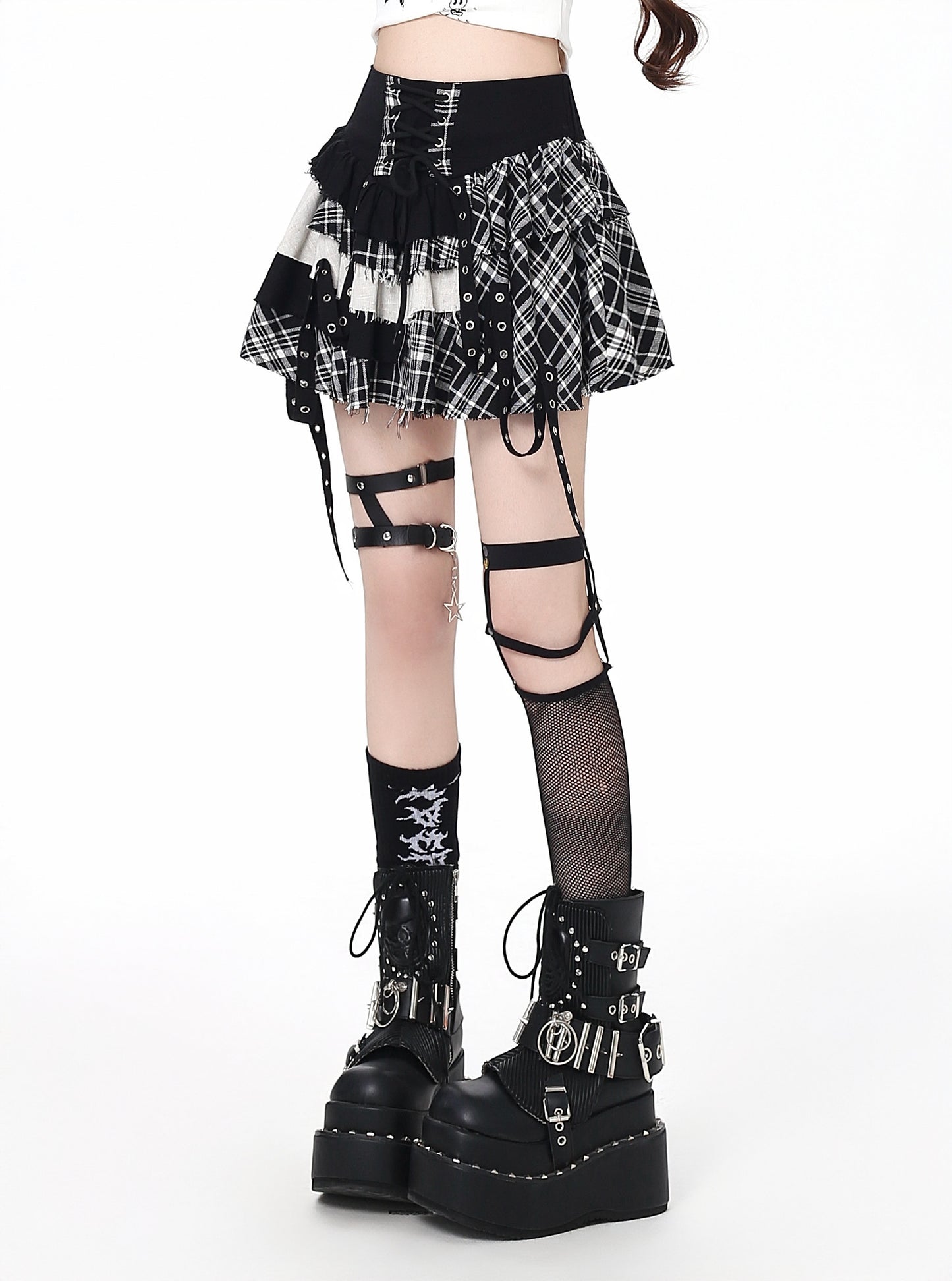 チェック切替レースアップアシメミニスカート