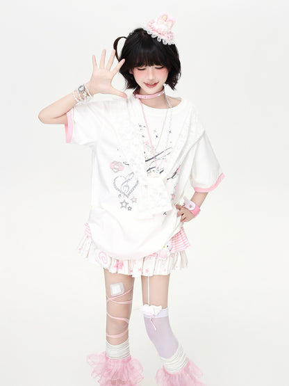 レースレイヤード風♡プリントTシャツ