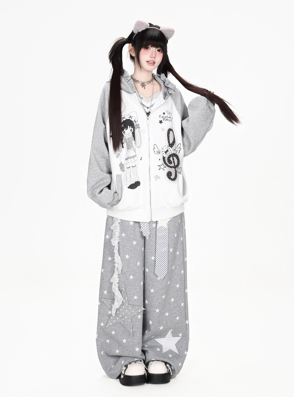星柄フェイクレイヤードワイドパンツ