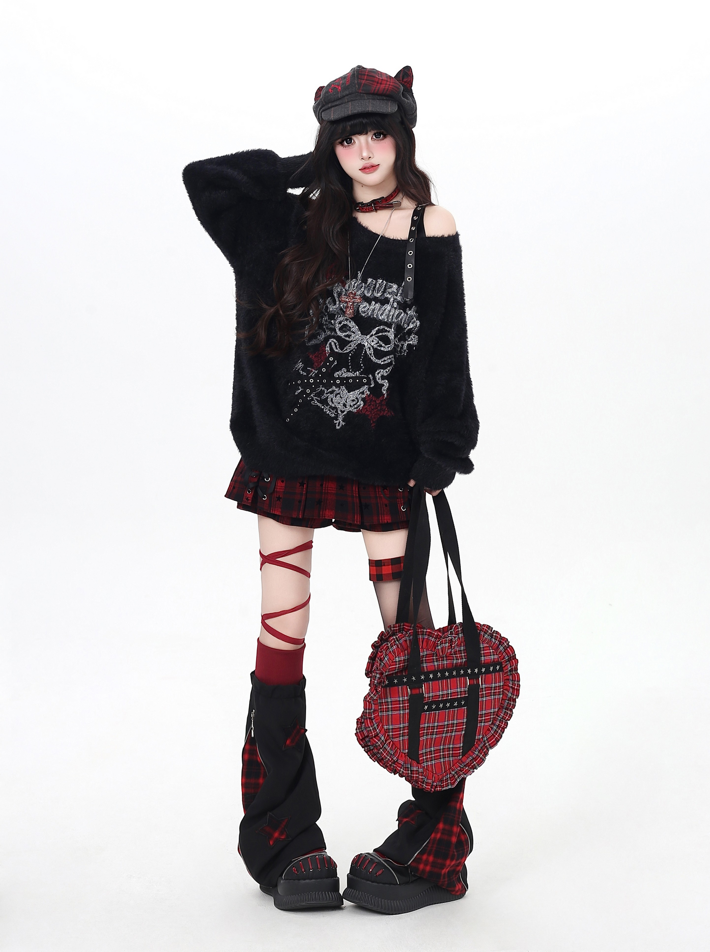 リボンオフショルフェイクファーニット