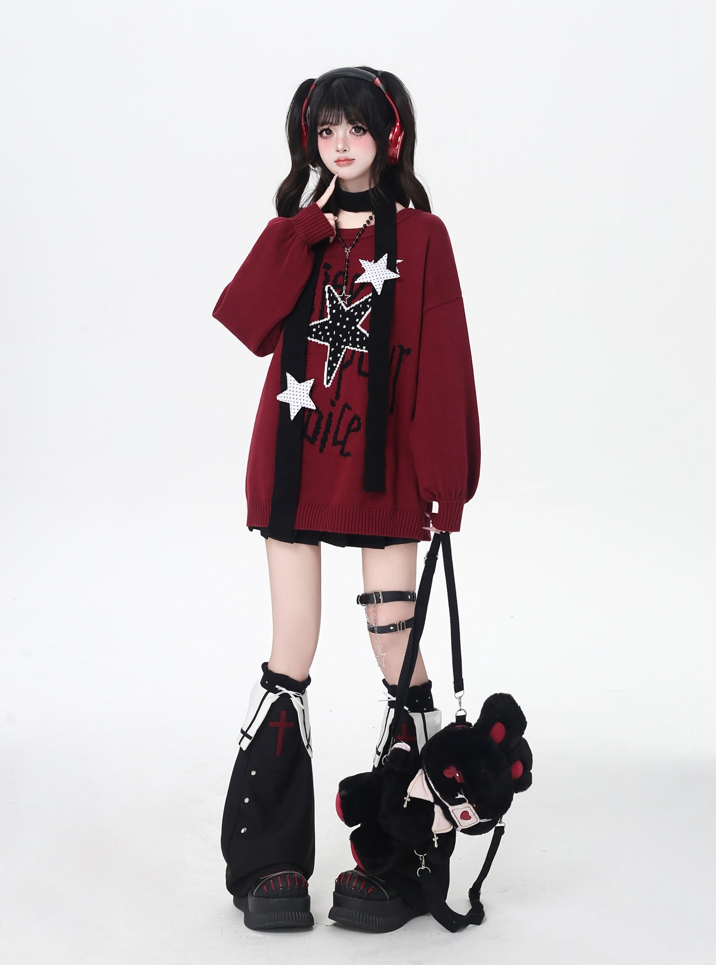 ドット×星柄 Y2K 甘辛オーバーサイズニット 個性派