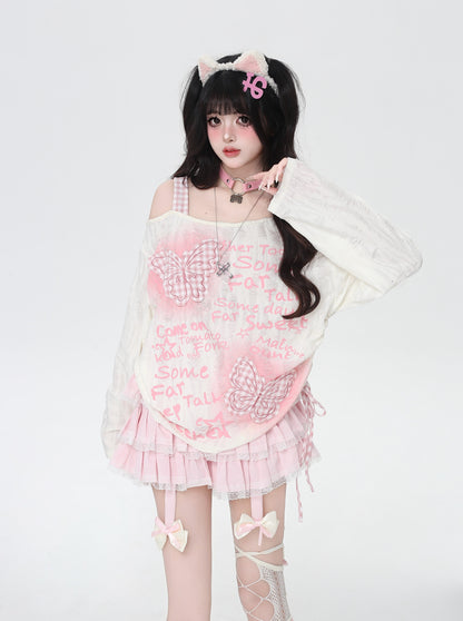 光る蝶々ワッペン×ドロスト オフショルT