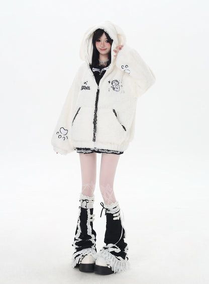 猫刺繍 フード付きルーズボアジャケット｜冬のゆるサブカル