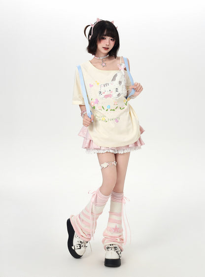 ネコモチーフオフショルレイヤードT