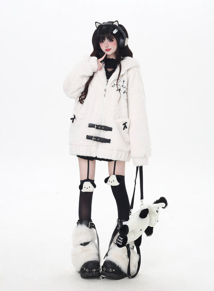 刺繍ねこ耳フード付き厚手ボアジャケット