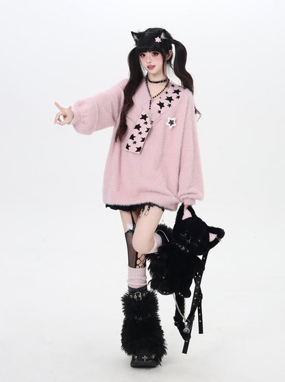 星モチーフフェイクファー重ね着風ニット