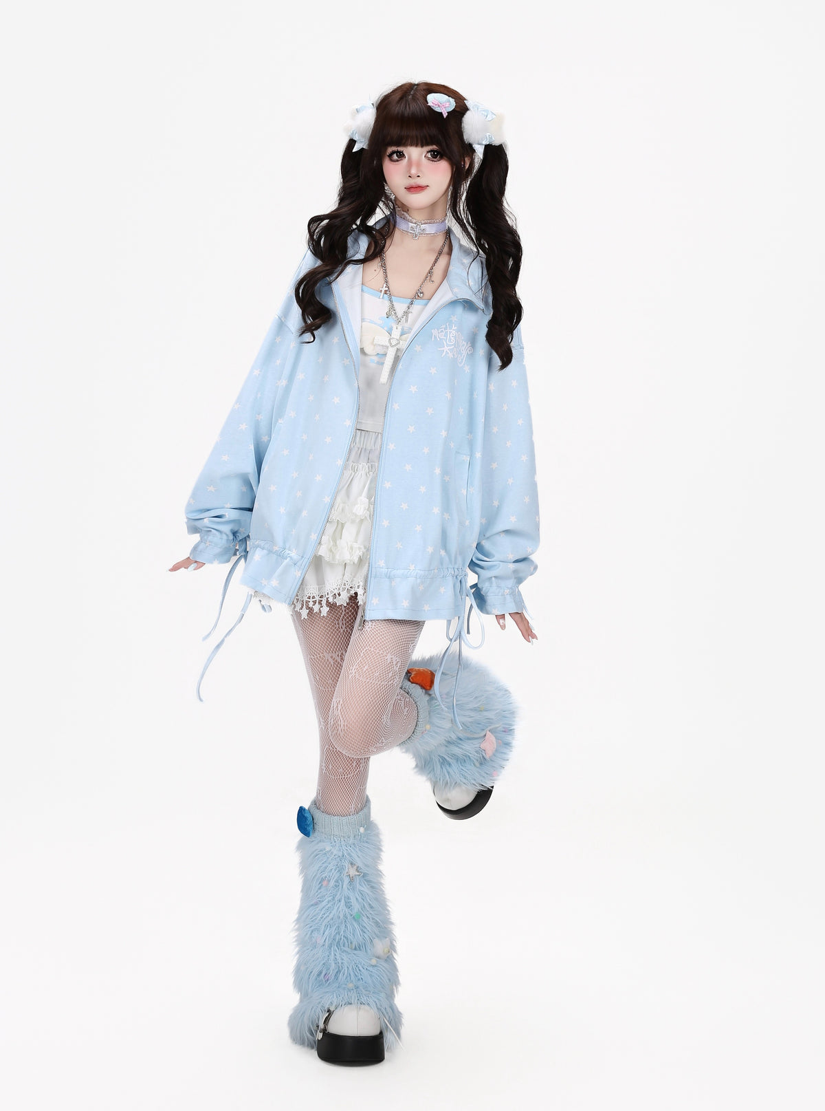スター総柄ハイネックドロストジップフーディー
