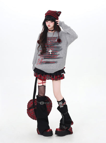 ゴシック猫ニット｜黒×グレーのゆる甘クールコーデ