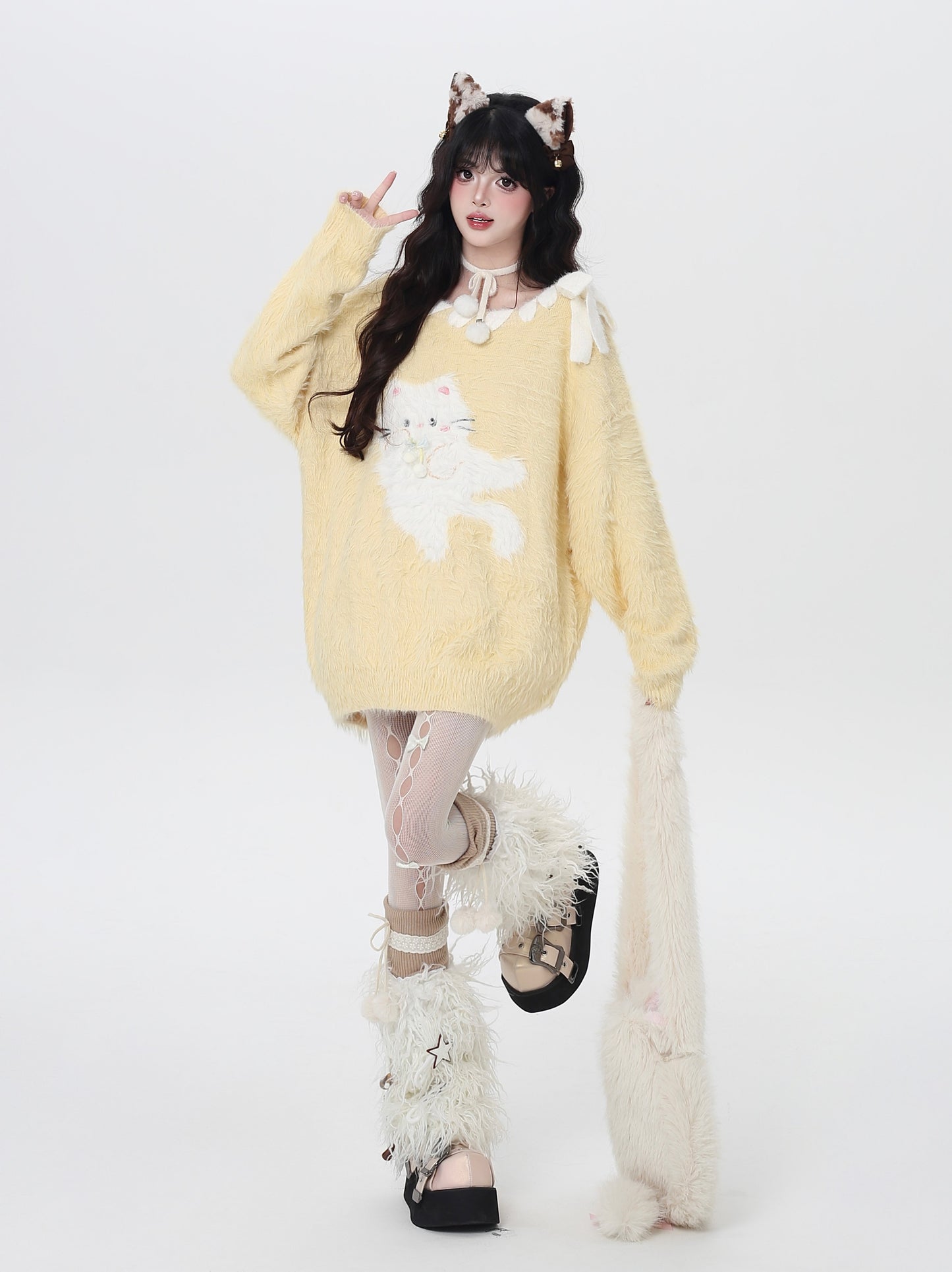 ポップ猫マカロンふわふわニット