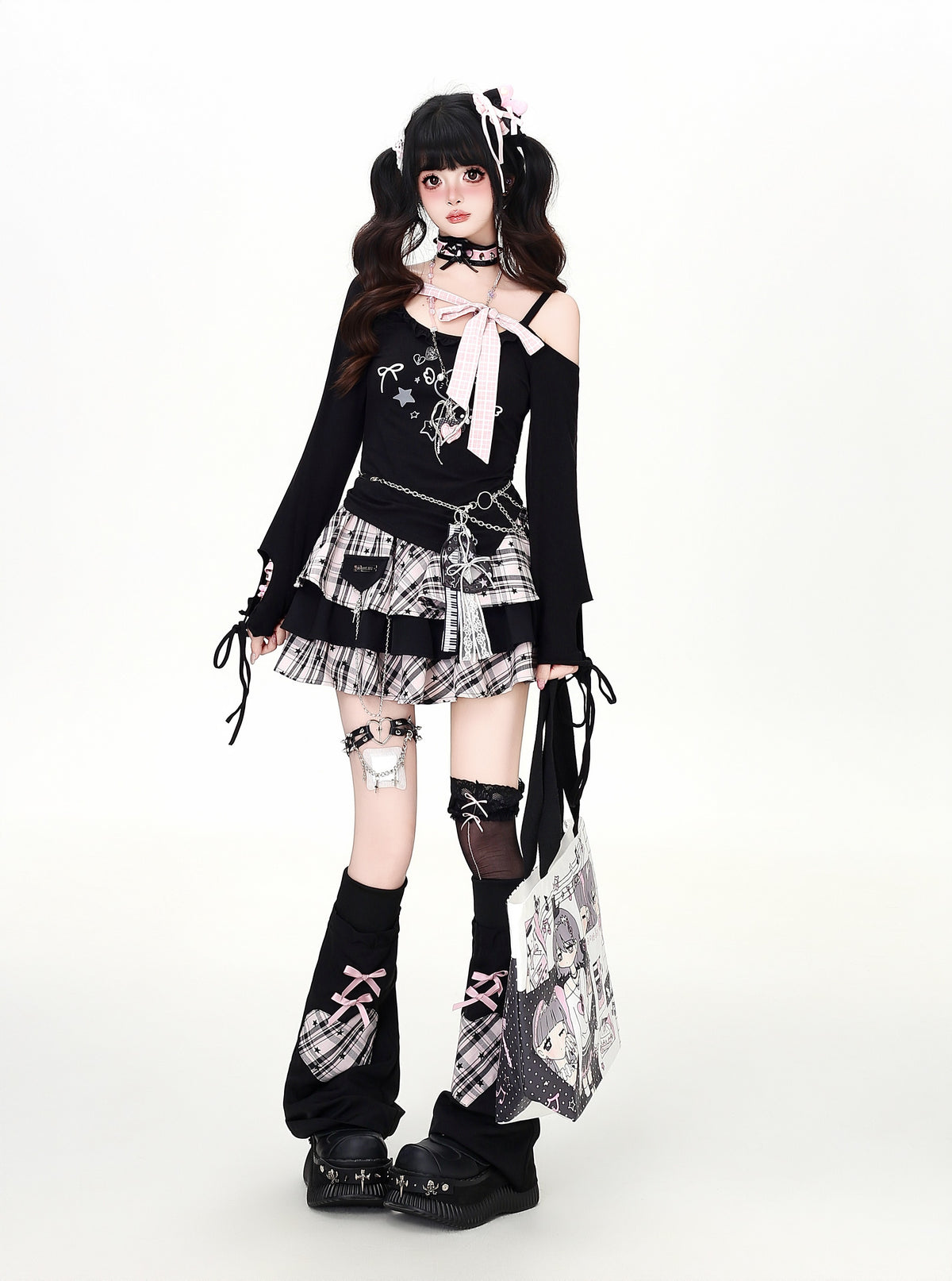 リボンレースアップオフショルロンT
