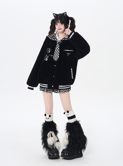 チェックセーラー襟ボアジャケット