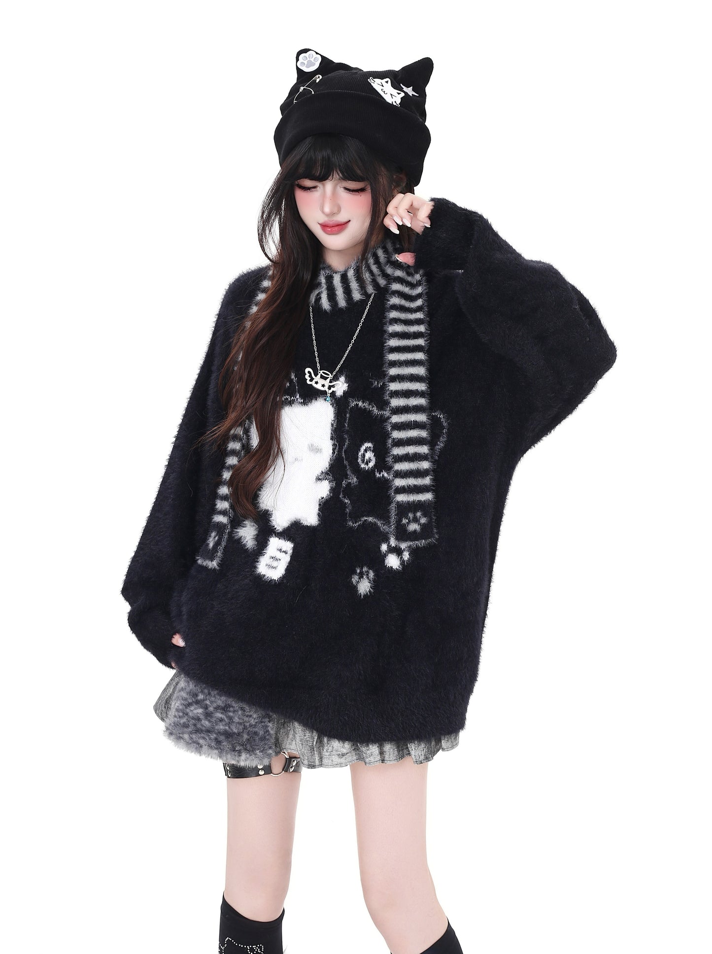 ふわもこ猫柄ニット＋マフラー付き