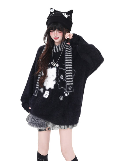 ふわもこ猫柄ニット＋マフラー付き