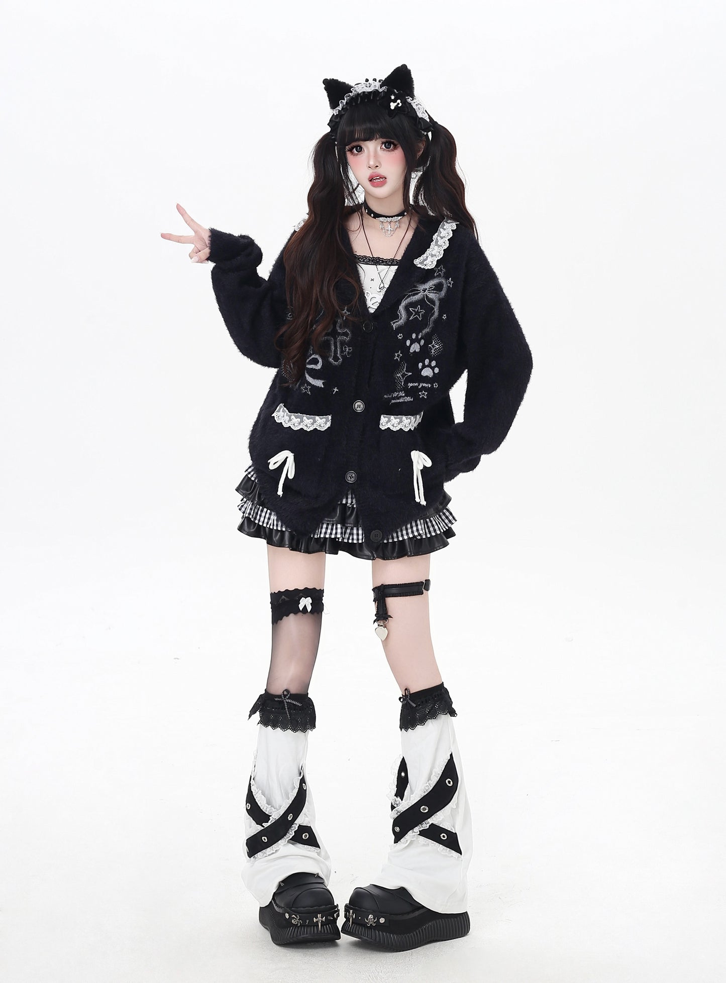 うさ耳レースフード付きニットカーデ