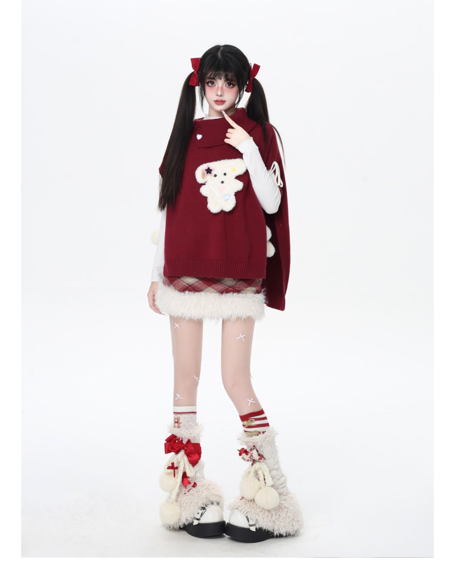 もこもこ犬モチーフニットポンチョ♡ゆるかわハイネックケープ冬