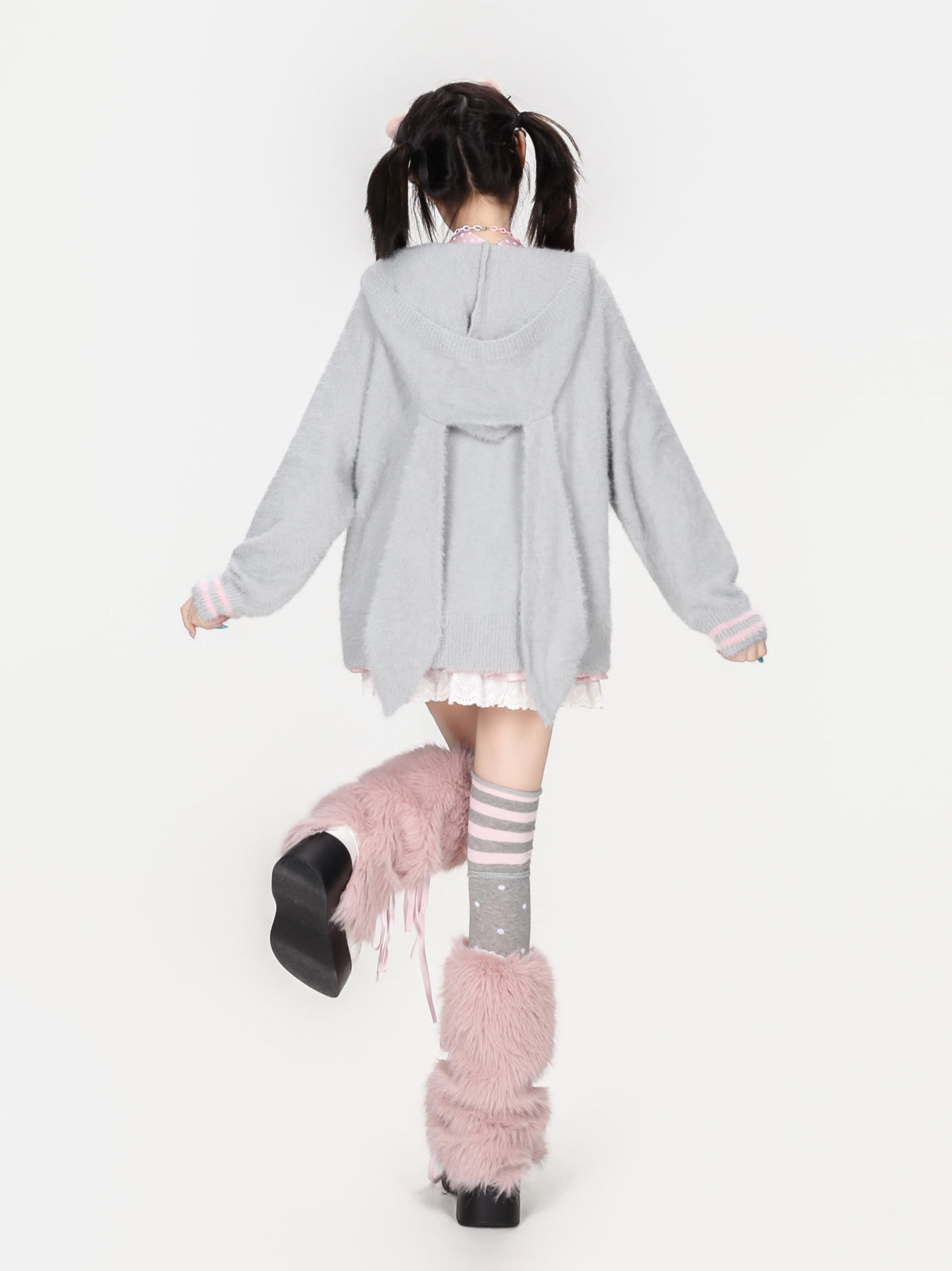 うさ耳フード付きビッグジップニットカーディガン