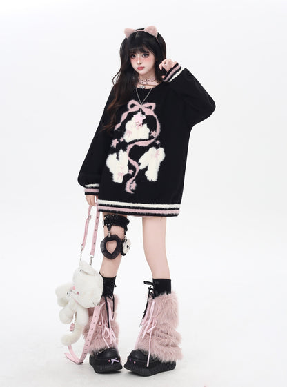 ゆる地雷 うさみみ×リボン ニットセーター 秋冬 オーバーサイズ 量産型 Y2Kコーデ