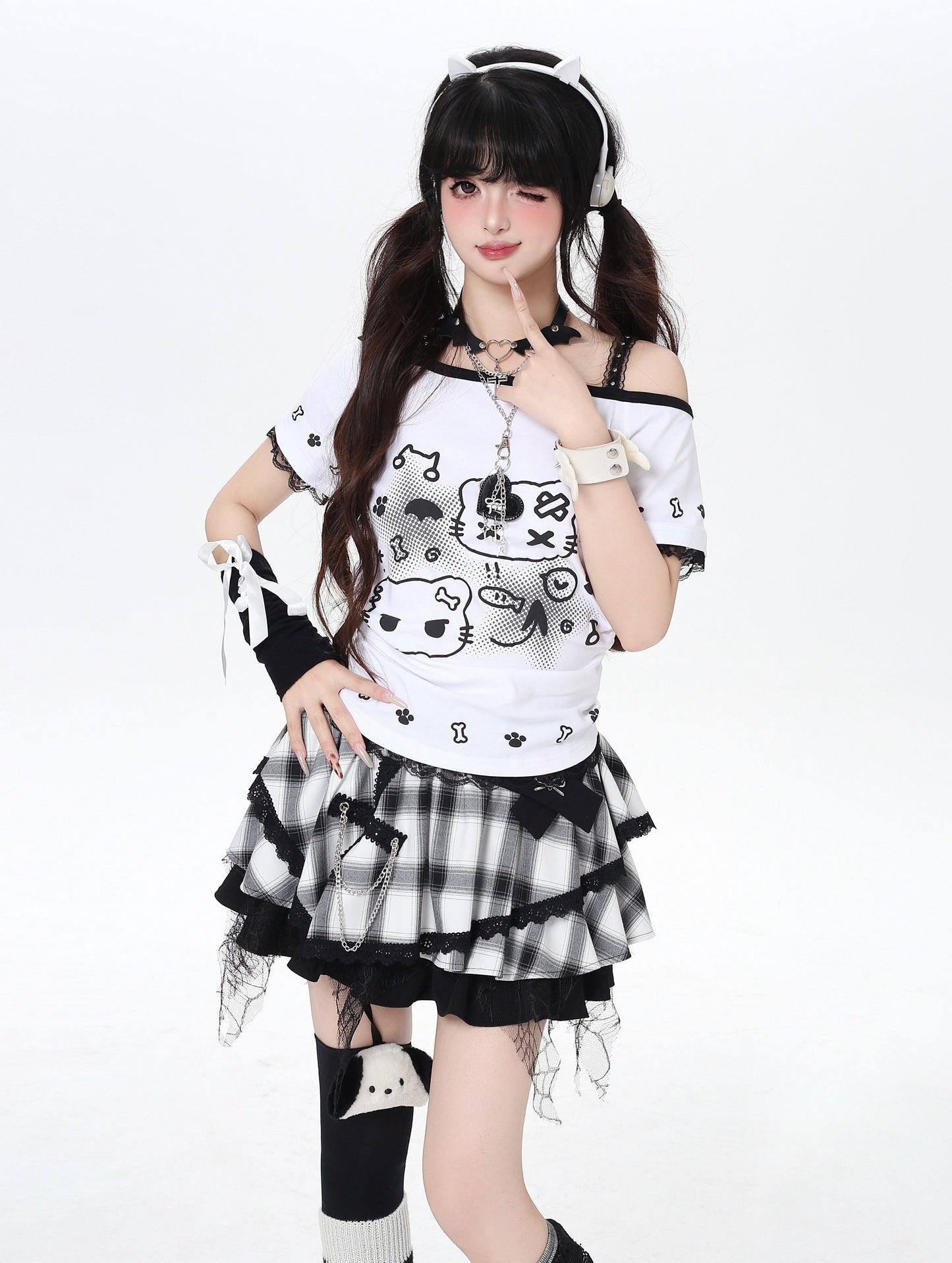 ねこプリントレースキャミレイヤード風T