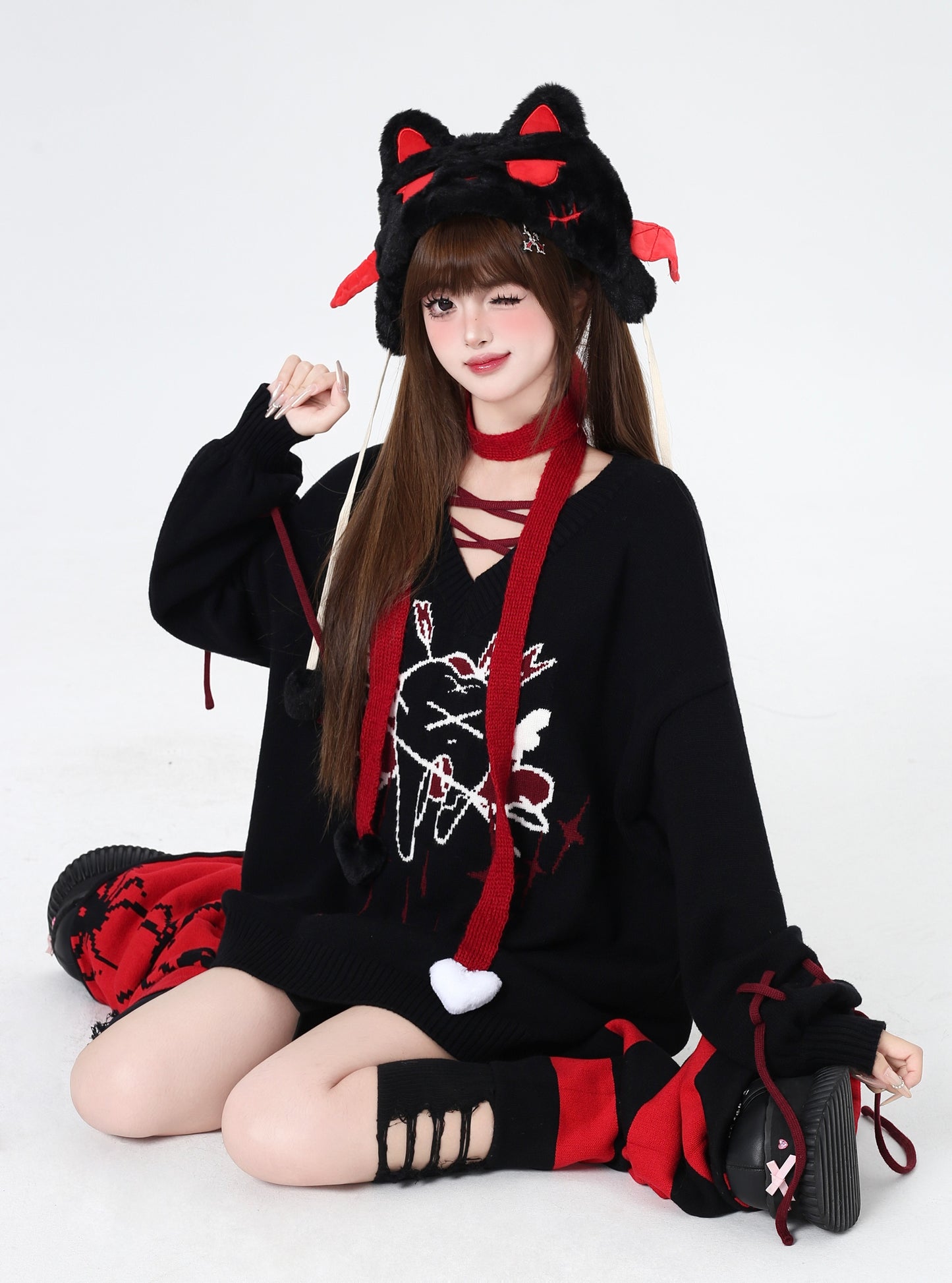 Vネック×リボン ゆるニットトップス