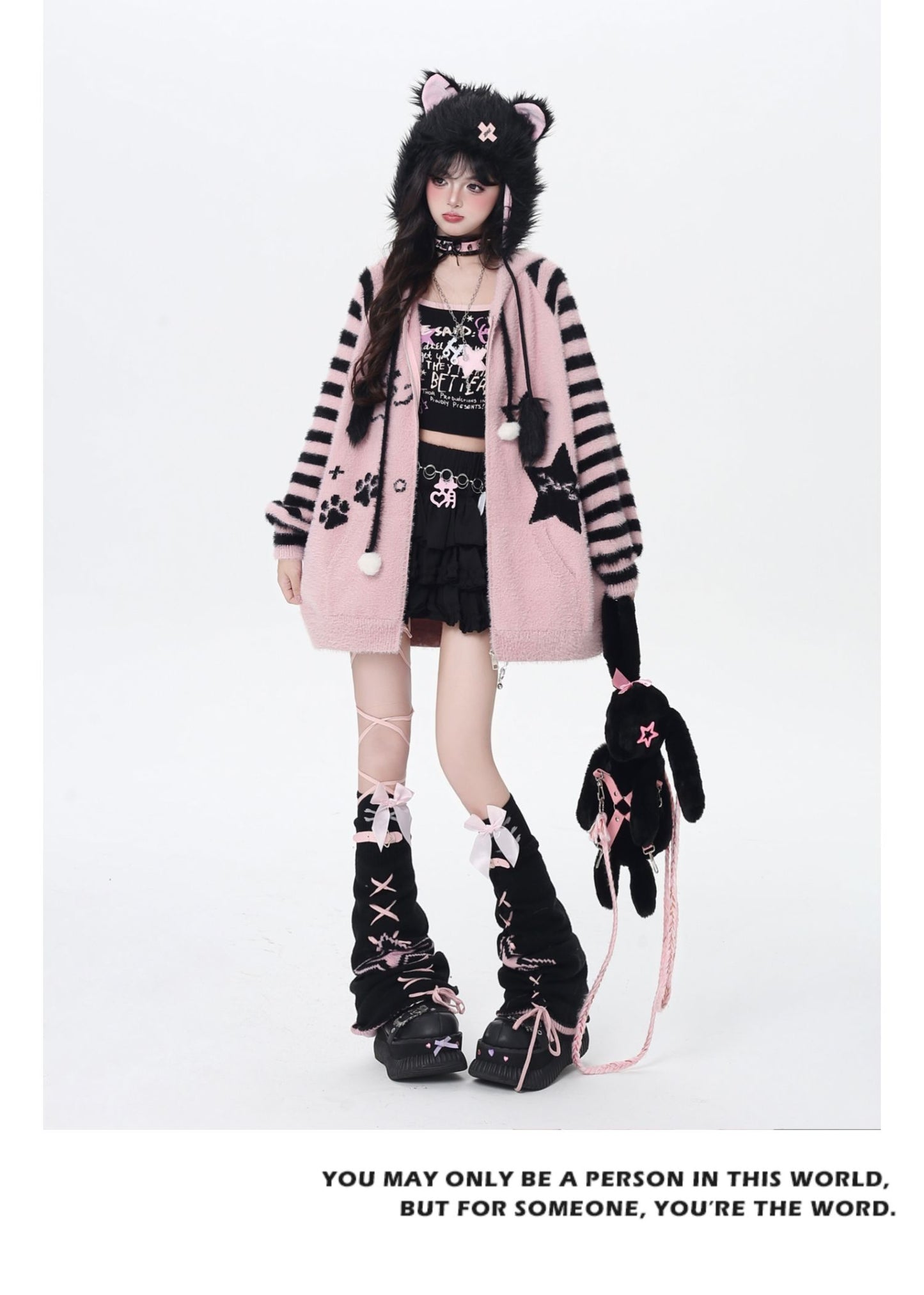 星柄ボーダーVネックフーディーニットカーデ