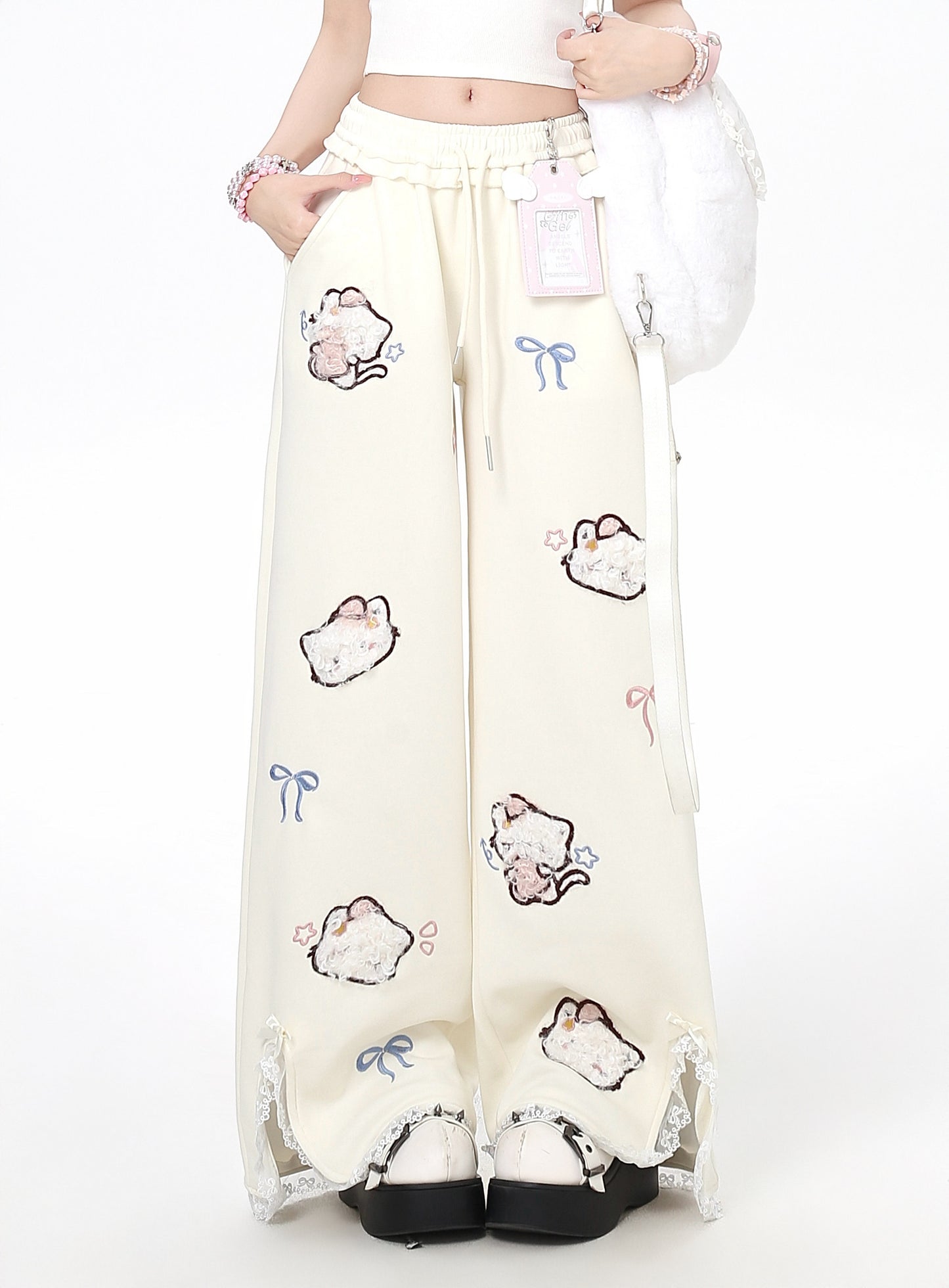 ネコ刺繍レースワイドパンツ