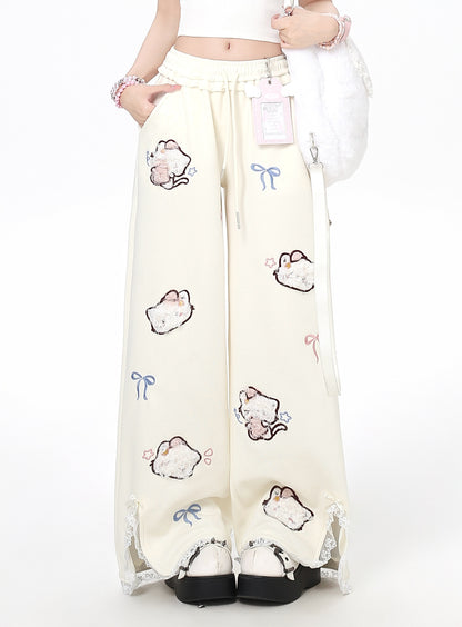 ネコ刺繍レースワイドパンツ